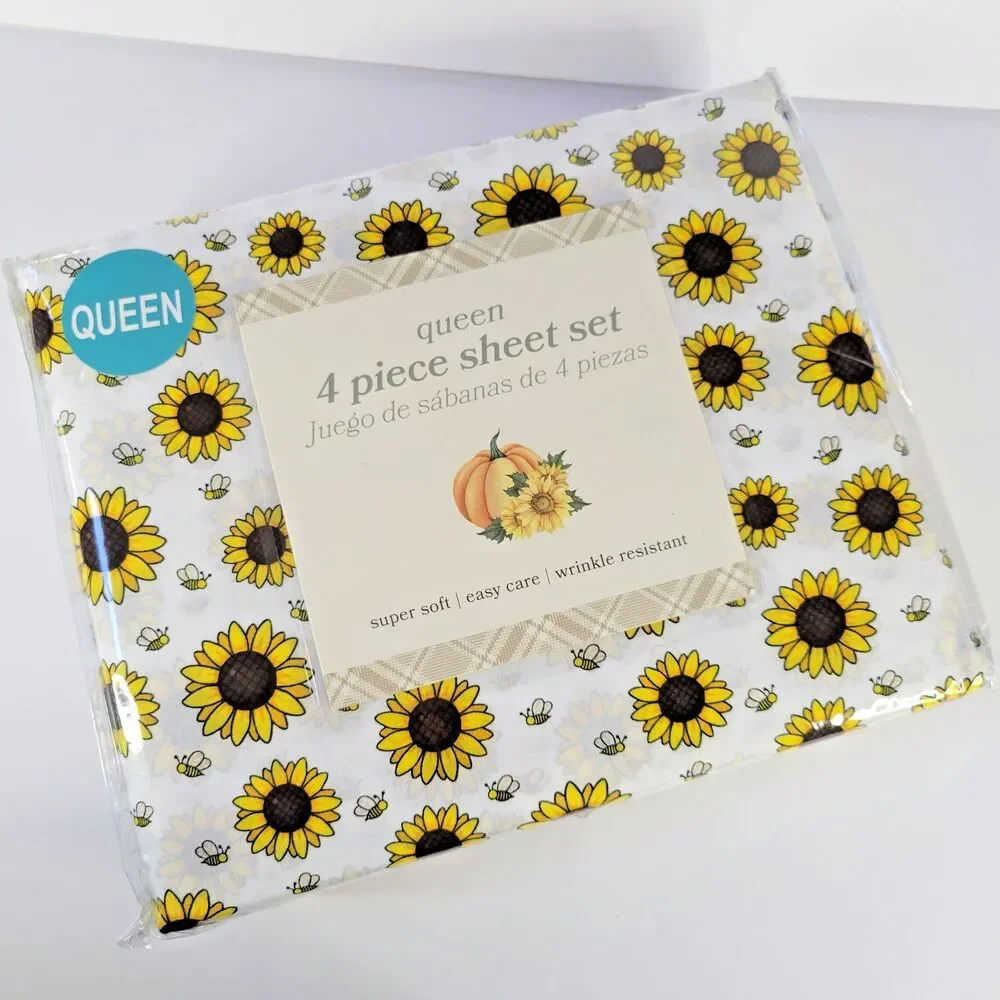 Sunflowers Honey Bees 4pc QUEEN Sheets Set Harvest Fall Sunflower Field Garden